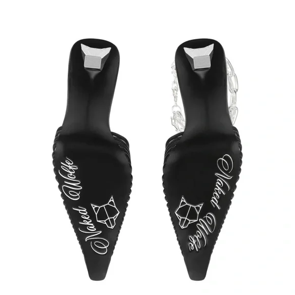 Black Heeled Mules with Chain Detail - Picture 2 of 4